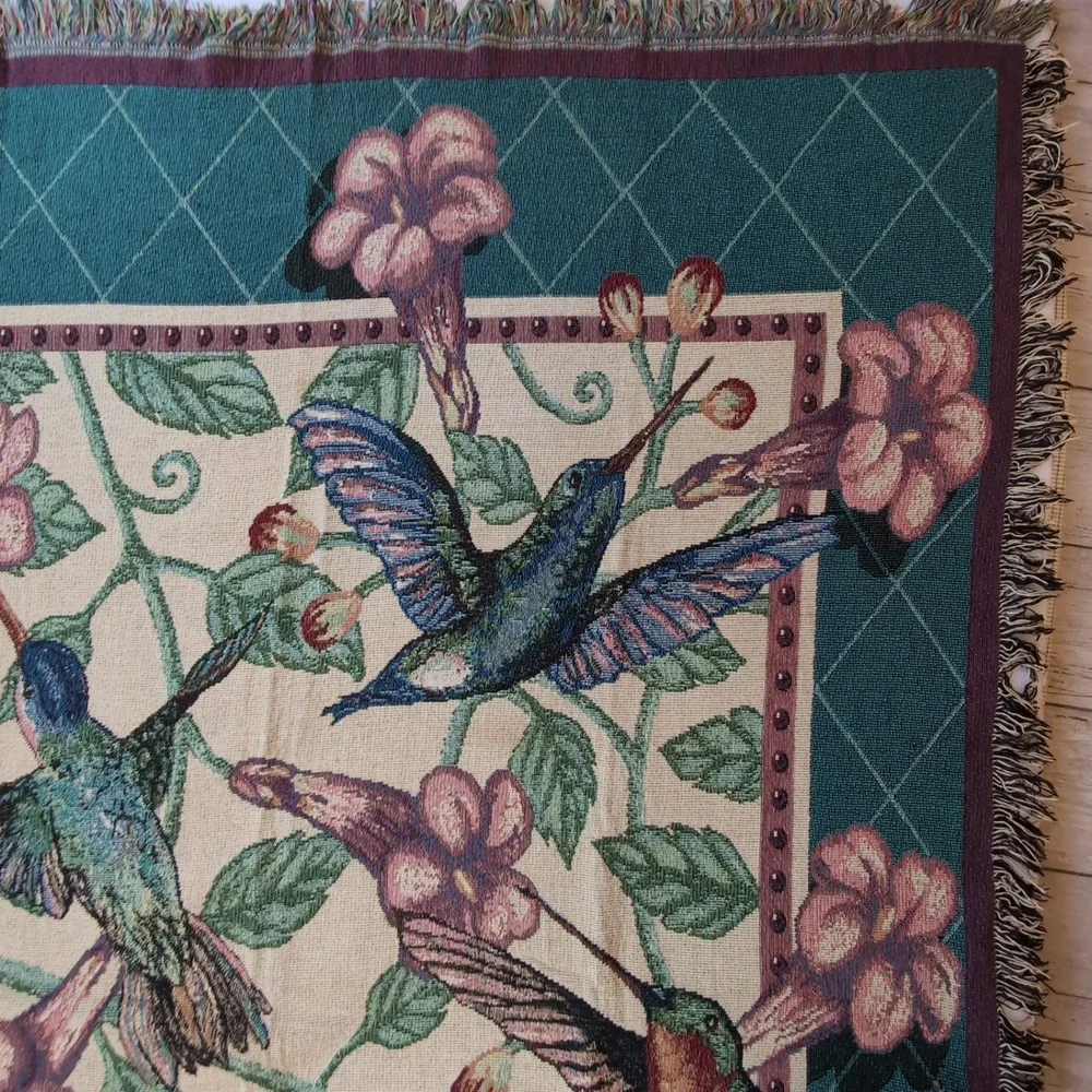 Dan Gilbert Hummingbird Tapestry Throw Blanket Teal Floral Fringe Cottagecore